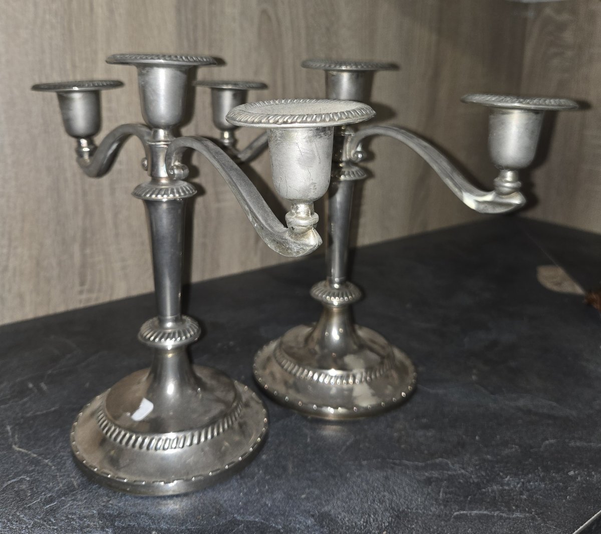 Pair Of Three-light Silver-plated Metal Candlesticks-photo-6