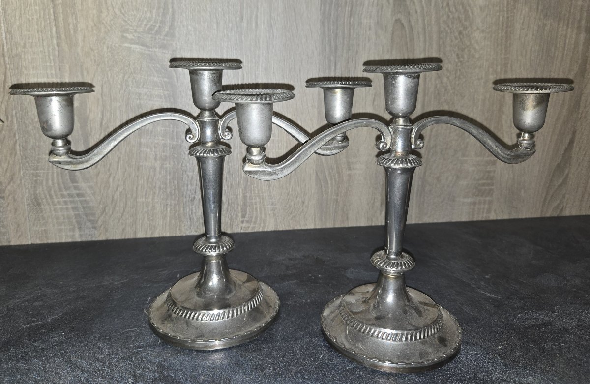Pair Of Three-light Silver-plated Metal Candlesticks-photo-7