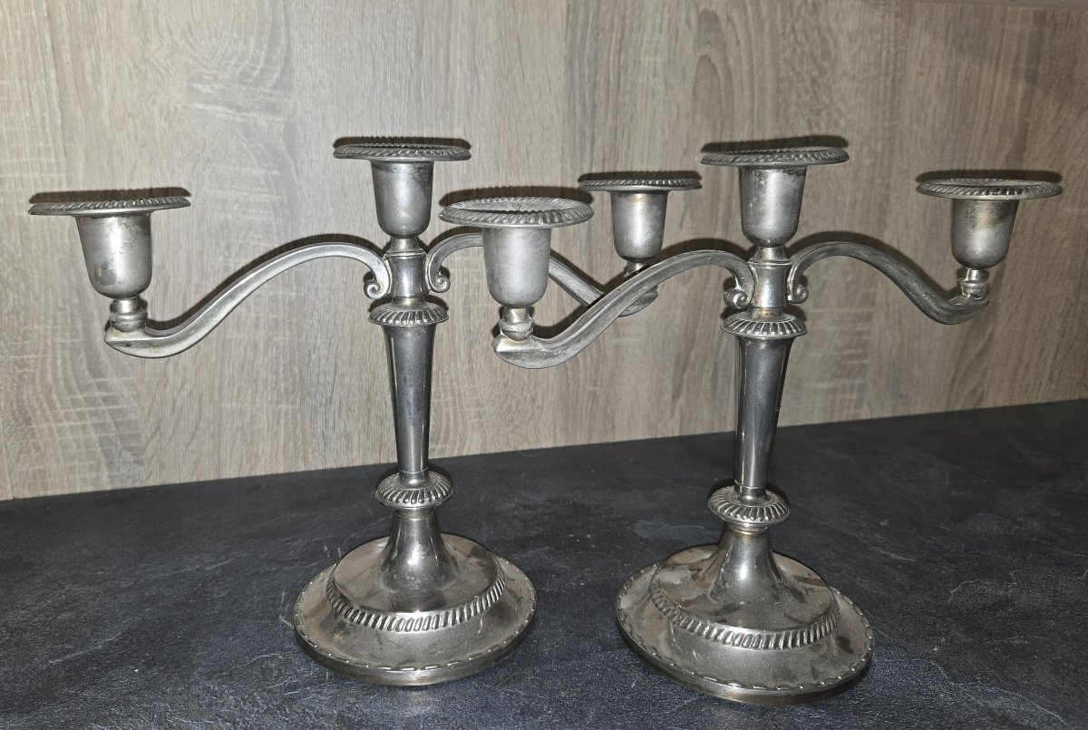 Pair Of Three-light Silver-plated Metal Candlesticks-photo-8