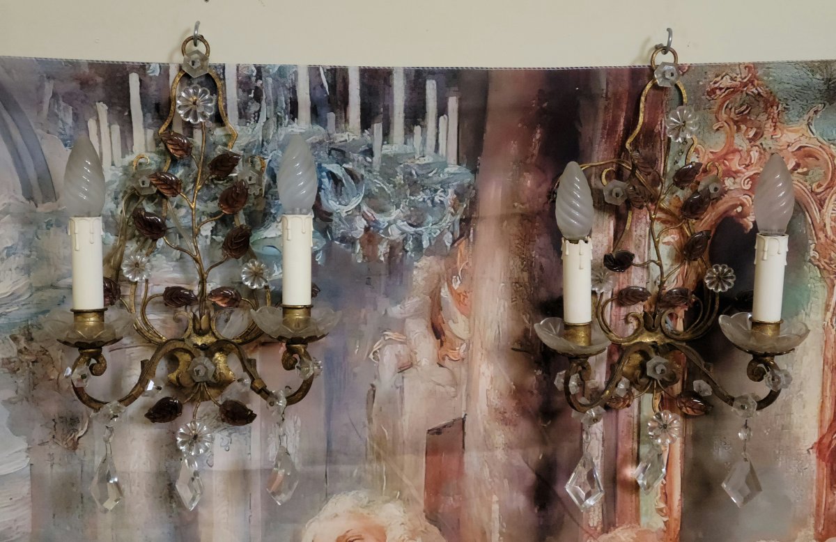 Murano: Pair Of Two-arm Wall Sconces In Bronze And Gilt Brass-photo-2