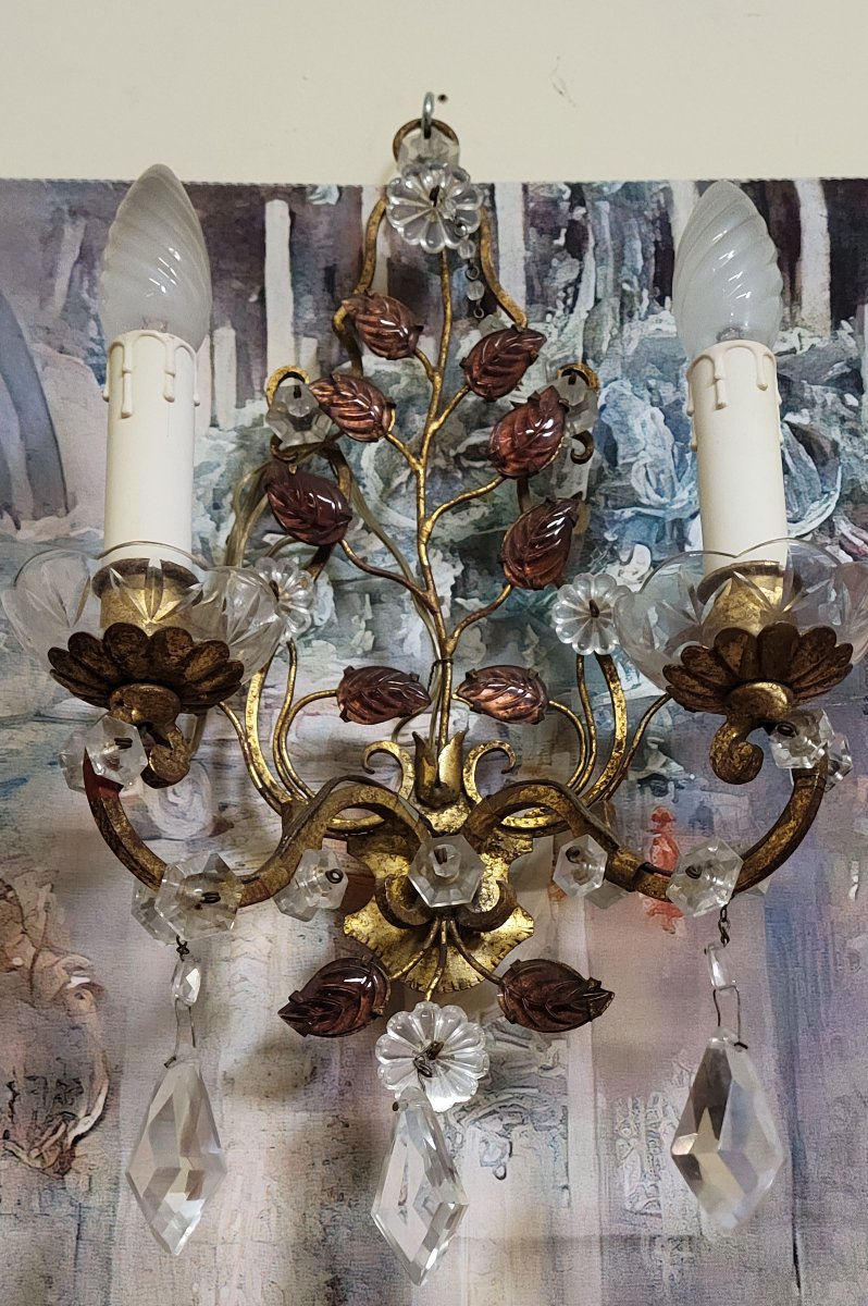 Murano: Pair Of Two-arm Wall Sconces In Bronze And Gilt Brass-photo-7