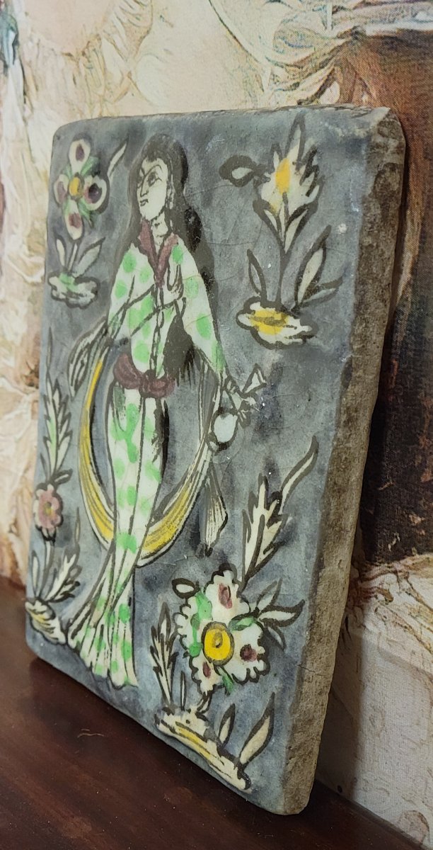 Rare Antique Glazed Ceramic Tile, Hand-painted Polychrome Decoration-photo-2