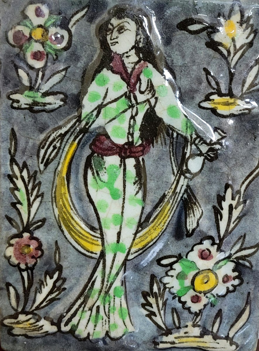 Rare Antique Glazed Ceramic Tile, Hand-painted Polychrome Decoration-photo-3