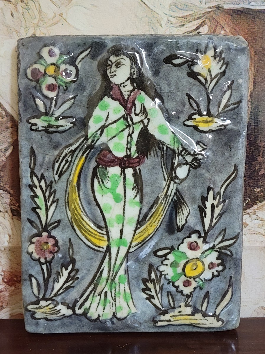 Rare Antique Glazed Ceramic Tile, Hand-painted Polychrome Decoration