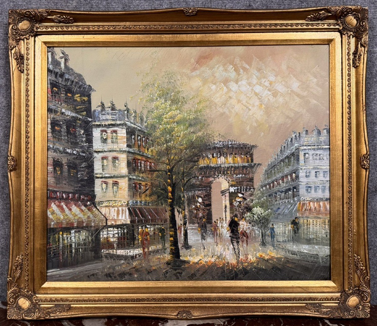 Tableau ancien – Vue de Paris, Arc de Triomphe – Huile sur toile encadrée  -photo-2