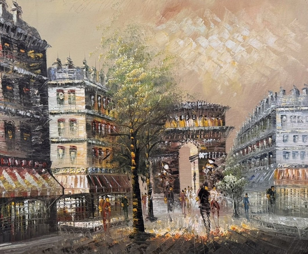 Tableau ancien – Vue de Paris, Arc de Triomphe – Huile sur toile encadrée  -photo-3