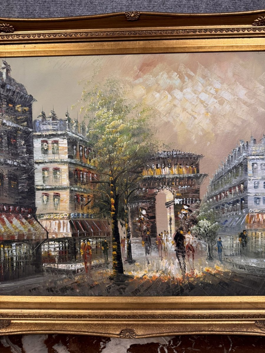 Tableau ancien – Vue de Paris, Arc de Triomphe – Huile sur toile encadrée  -photo-4