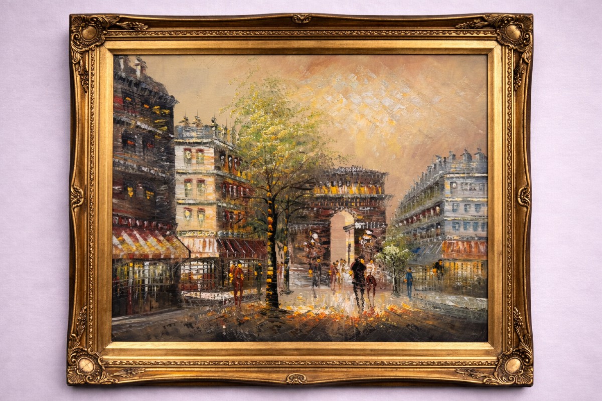Tableau ancien – Vue de Paris, Arc de Triomphe – Huile sur toile encadrée  