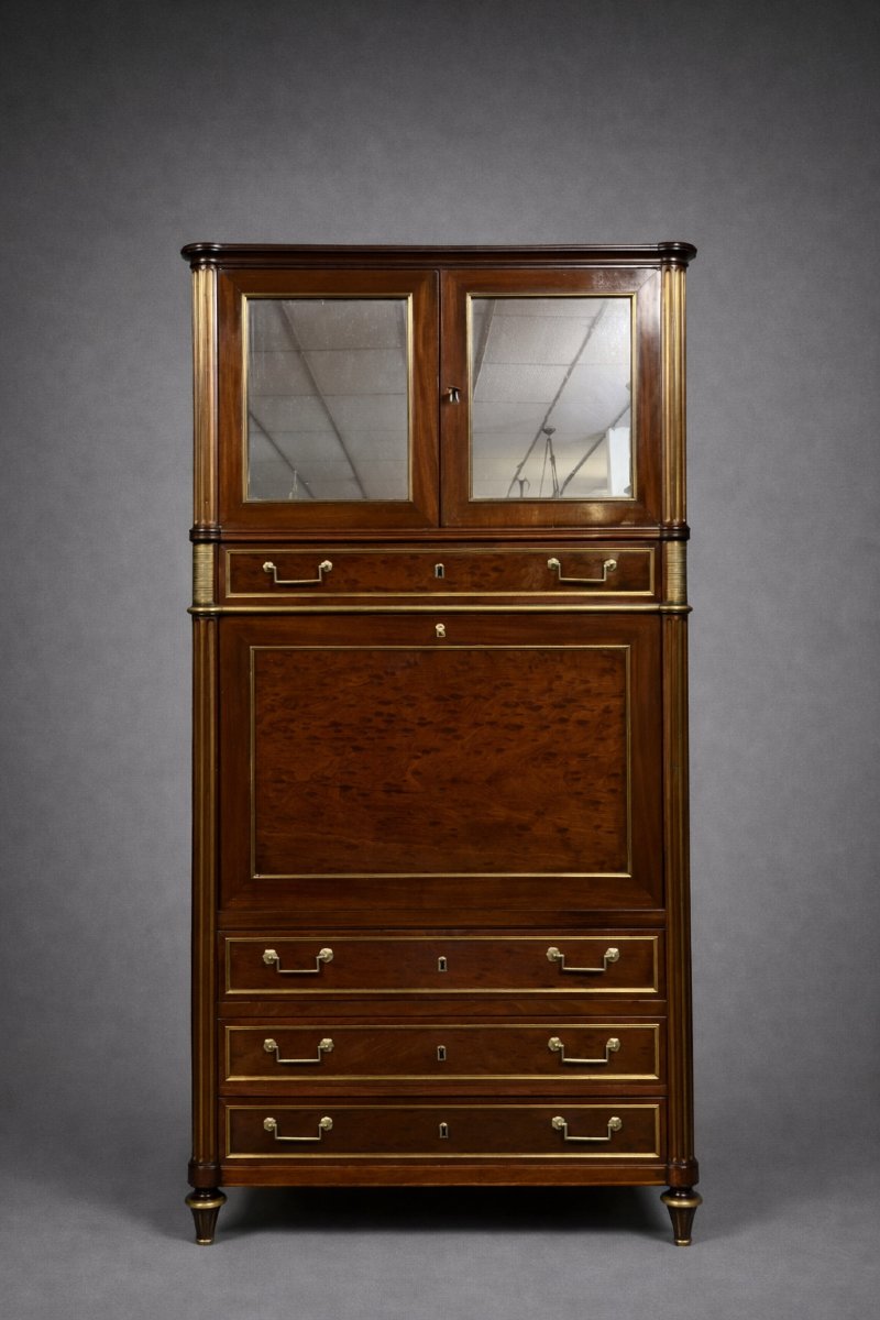 Louis XVI Period Parisian Guillotine Secretary Desk, In Mahogany And Gilt Brass-photo-1
