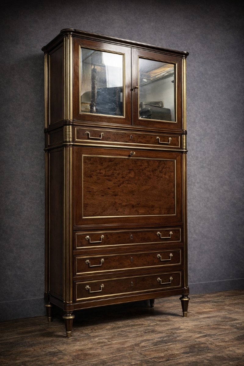 Louis XVI Period Parisian Guillotine Secretary Desk, In Mahogany And Gilt Brass-photo-2