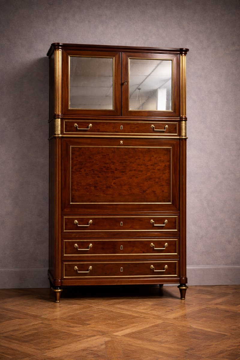 Louis XVI Period Parisian Guillotine Secretary Desk, In Mahogany And Gilt Brass-photo-5