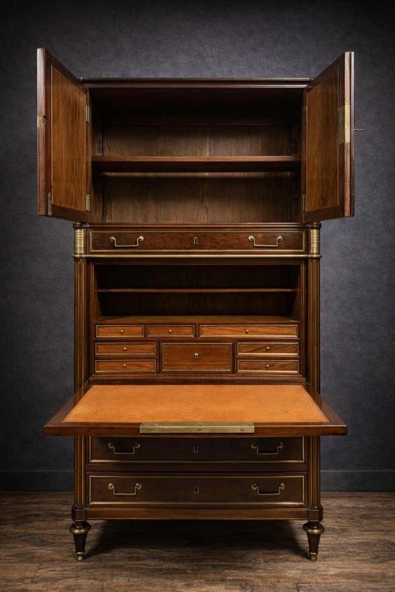 Louis XVI Period Parisian Guillotine Secretary Desk, In Mahogany And Gilt Brass-photo-6