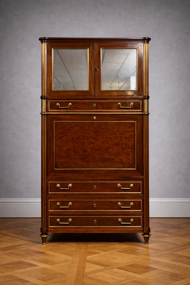 Louis XVI Period Parisian Guillotine Secretary Desk, In Mahogany And Gilt Brass