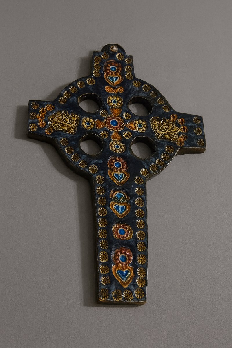 Glazed Ceramic Devotional Cross – Floral Motifs  -photo-2