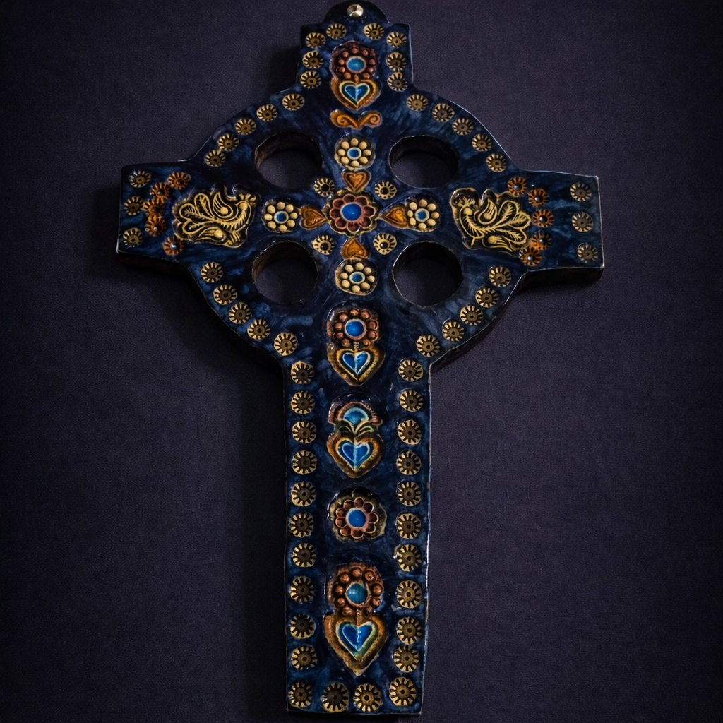 Glazed Ceramic Devotional Cross – Floral Motifs  -photo-5