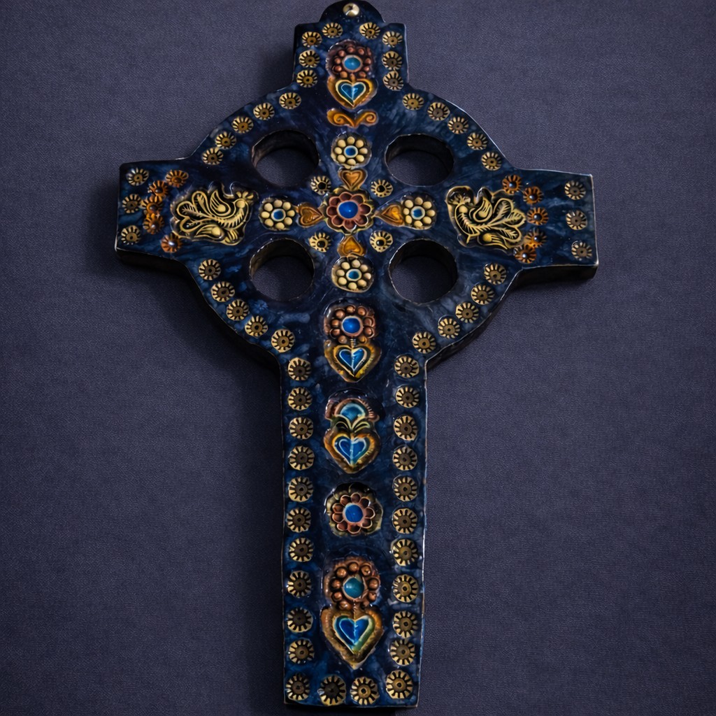 Glazed Ceramic Devotional Cross – Floral Motifs  