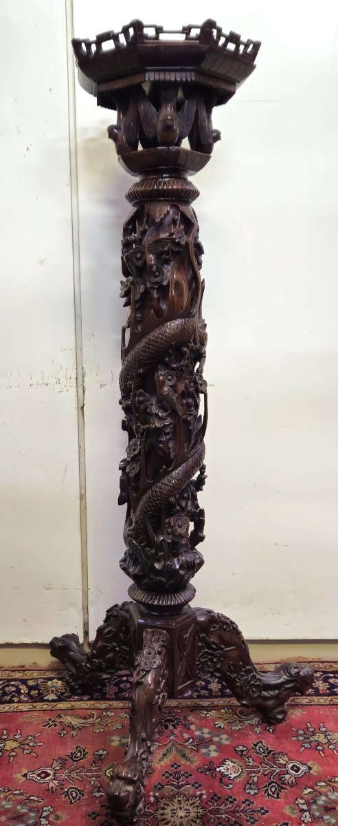 Antique Carved Wooden Column/pedestal – Dragon Motifs, Asian Style / 19th Century -photo-1