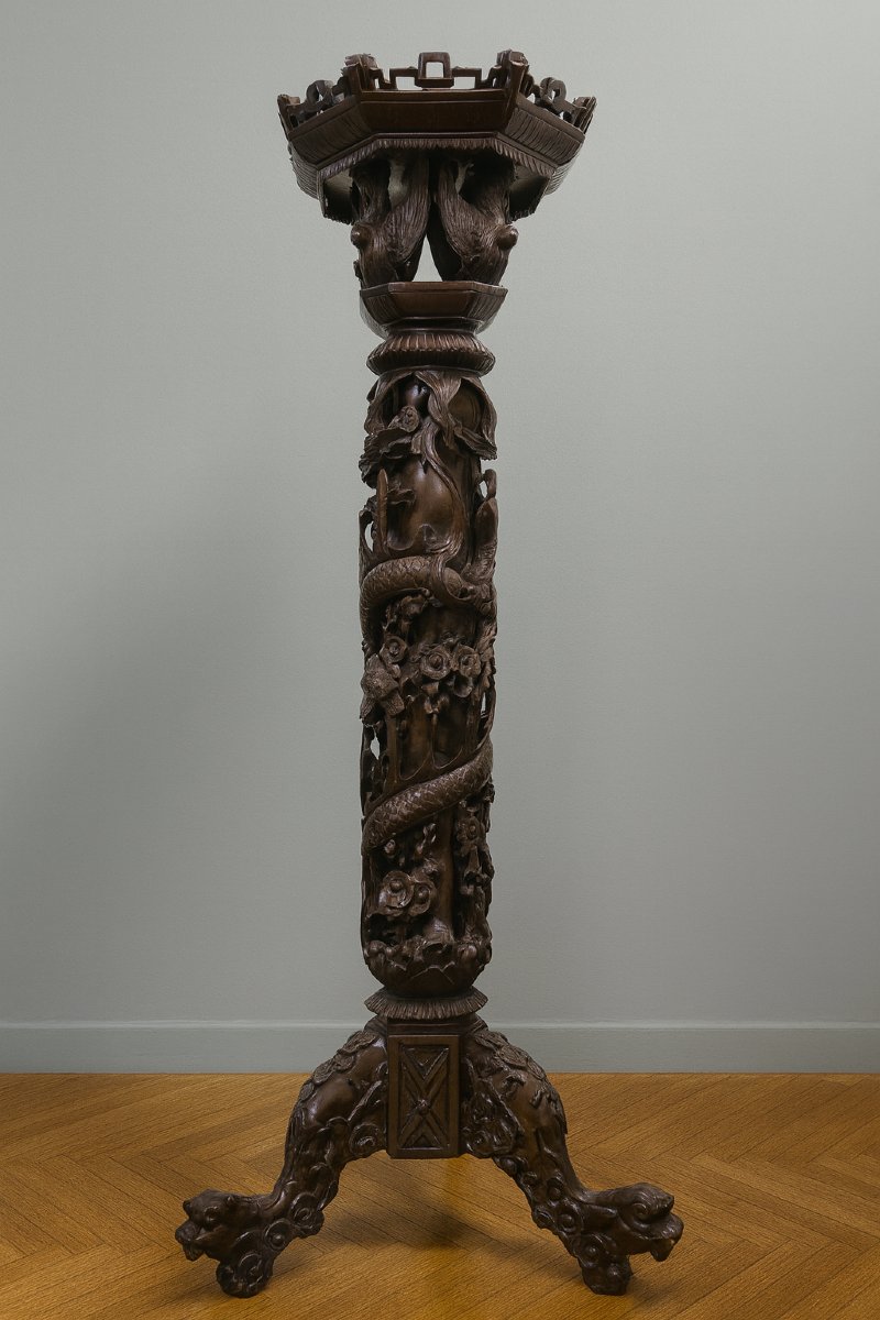 Antique Carved Wooden Column/pedestal – Dragon Motifs, Asian Style / 19th Century -photo-2