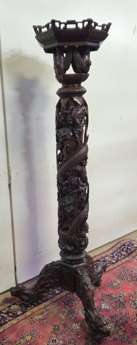 Antique Carved Wooden Column/pedestal – Dragon Motifs, Asian Style / 19th Century -photo-4