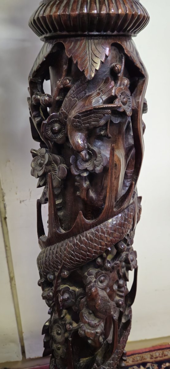 Antique Carved Wooden Column/pedestal – Dragon Motifs, Asian Style / 19th Century -photo-5