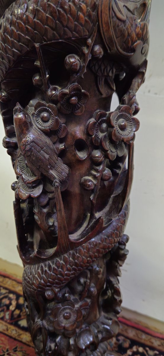 Antique Carved Wooden Column/pedestal – Dragon Motifs, Asian Style / 19th Century -photo-6