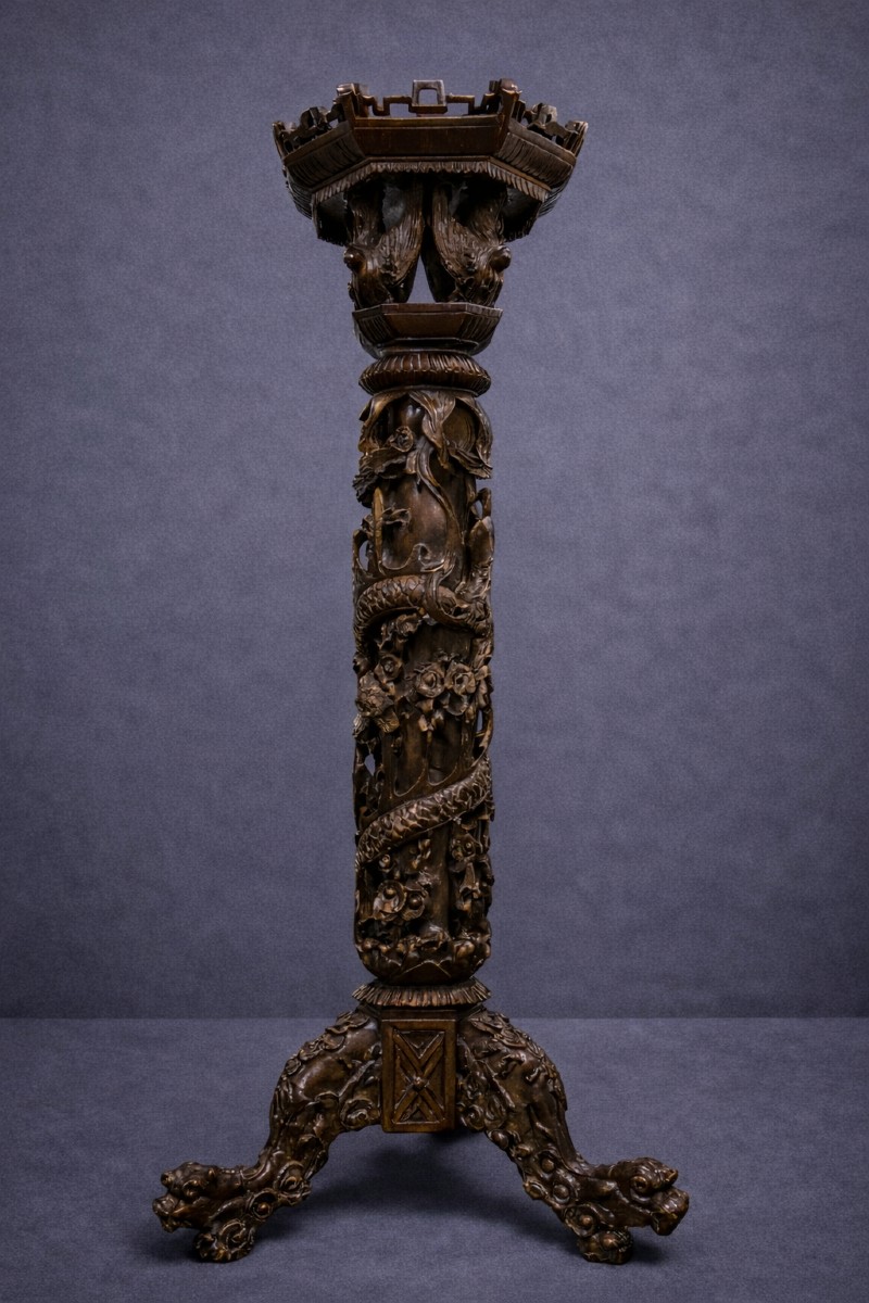 Antique Carved Wooden Column/pedestal – Dragon Motifs, Asian Style / 19th Century 