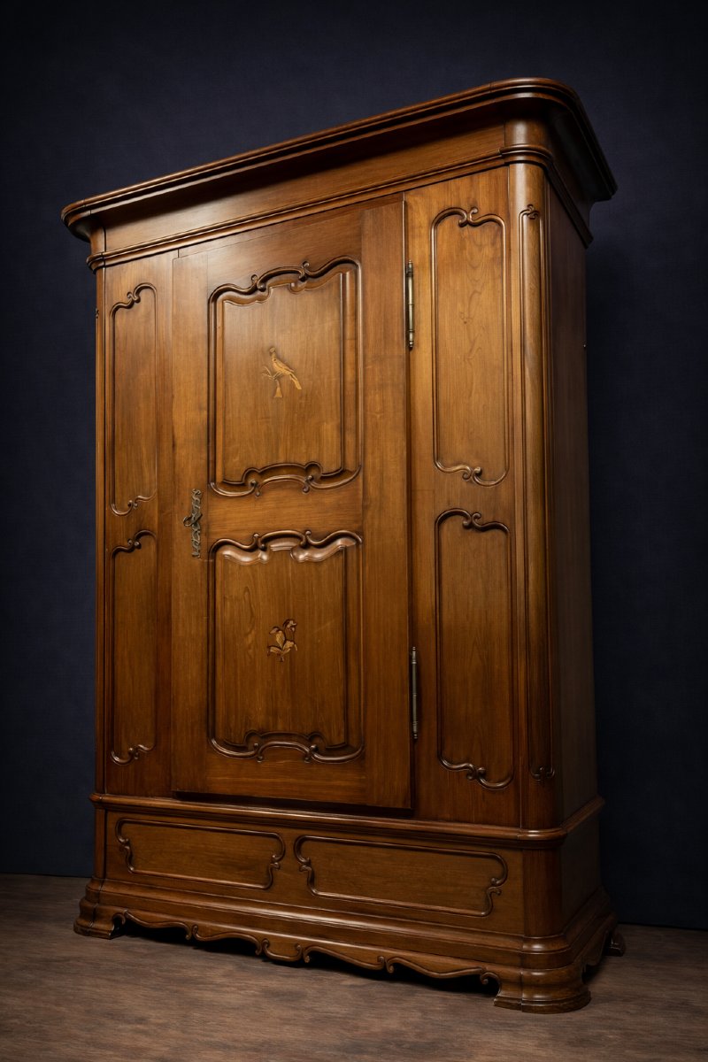 Armoire bonnetière ancienne en merisier et marquéterie – Style Louis XIV    -photo-6