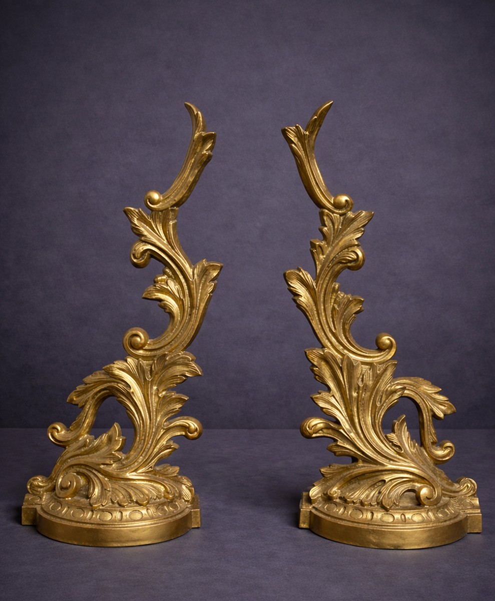Paire de chenets / ornements décoratifs en bronze – Style Louis XV / Rocaille  