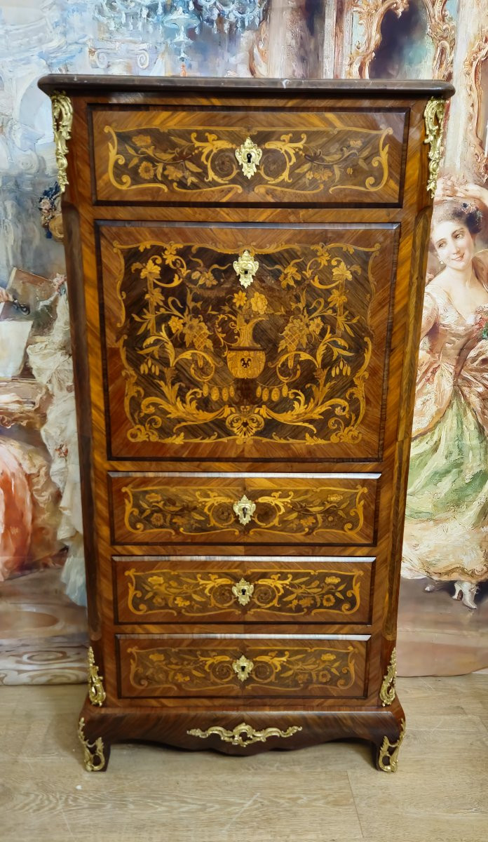 19th-century Secretary Desk / Marquetry Of Fine Woods – Louis XV Style  -photo-2