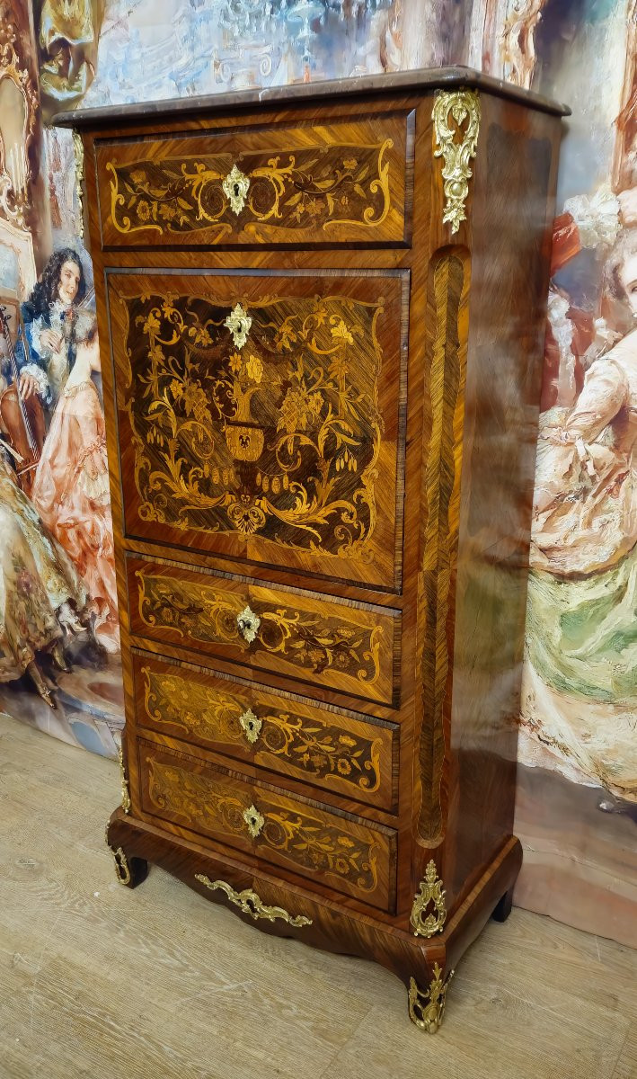 19th-century Secretary Desk / Marquetry Of Fine Woods – Louis XV Style  -photo-3