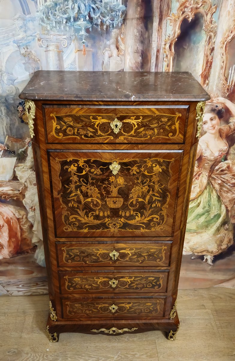 19th-century Secretary Desk / Marquetry Of Fine Woods – Louis XV Style  -photo-4