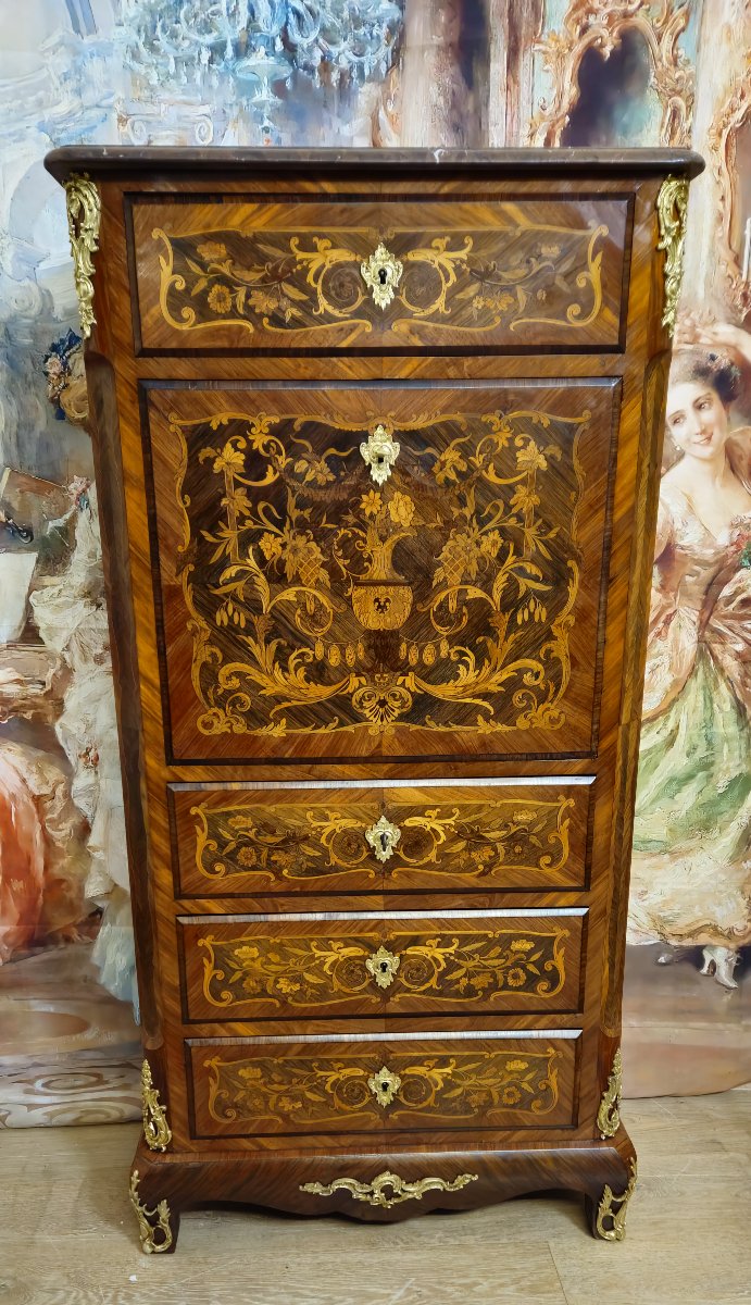 19th-century Secretary Desk / Marquetry Of Fine Woods – Louis XV Style  -photo-5