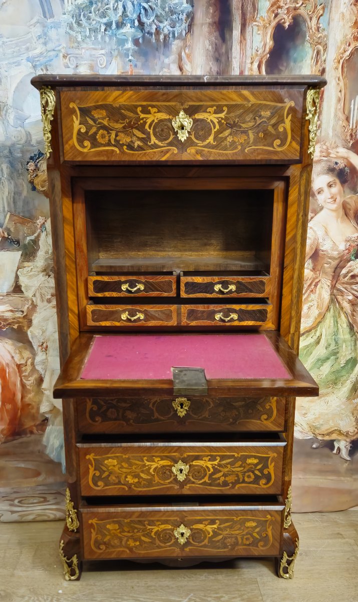 19th-century Secretary Desk / Marquetry Of Fine Woods – Louis XV Style  -photo-8