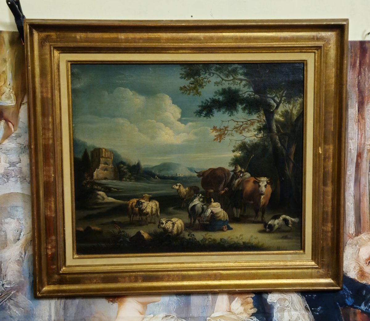 Antique 18th-century Painting – Pastoral Scene – Oil On Canvas – Gilded Frame -photo-1