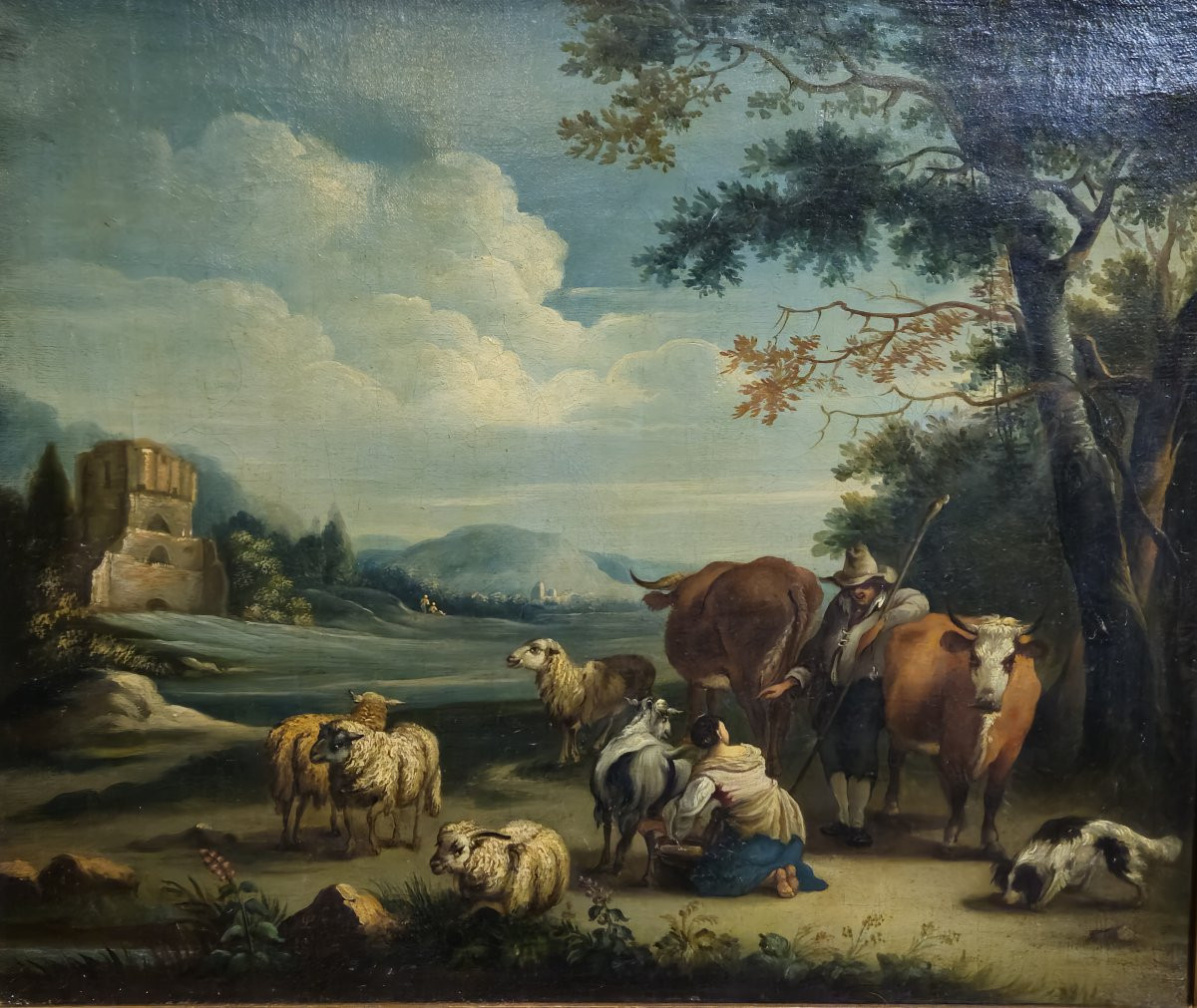 Antique 18th-century Painting – Pastoral Scene – Oil On Canvas – Gilded Frame -photo-4