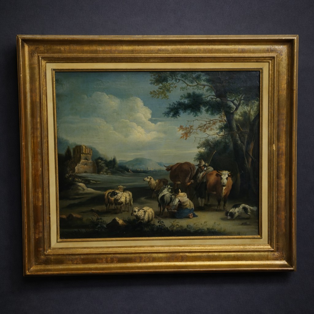 Antique 18th-century Painting – Pastoral Scene – Oil On Canvas – Gilded Frame 
