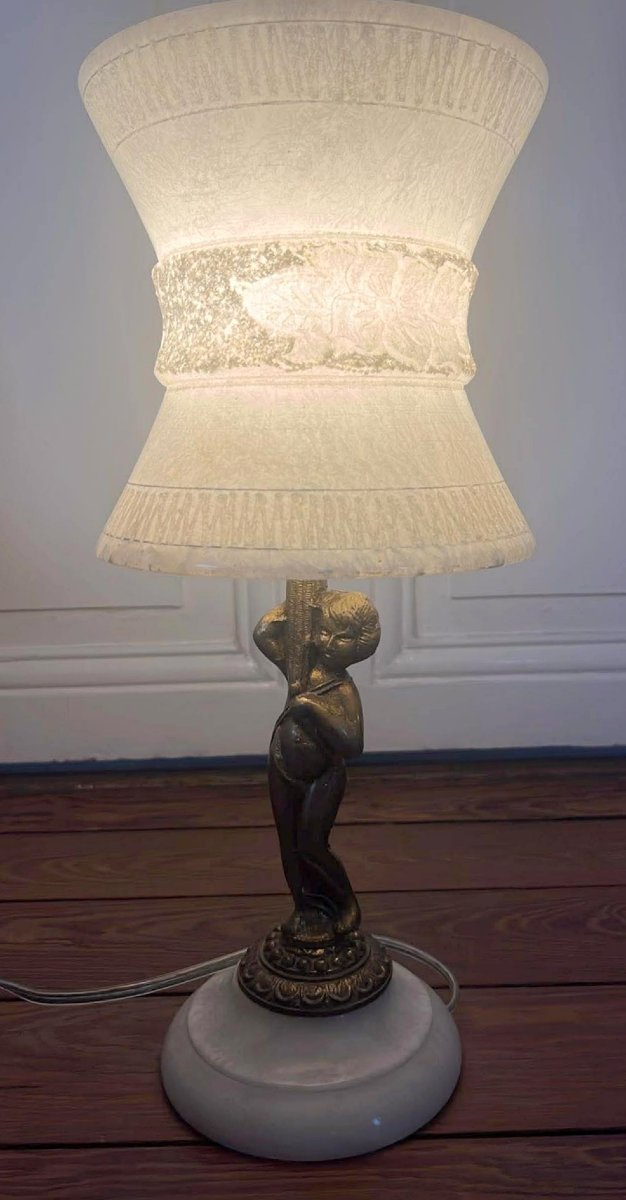 Lampe de table ancienne en régule et albâtre – style Art déco -photo-1