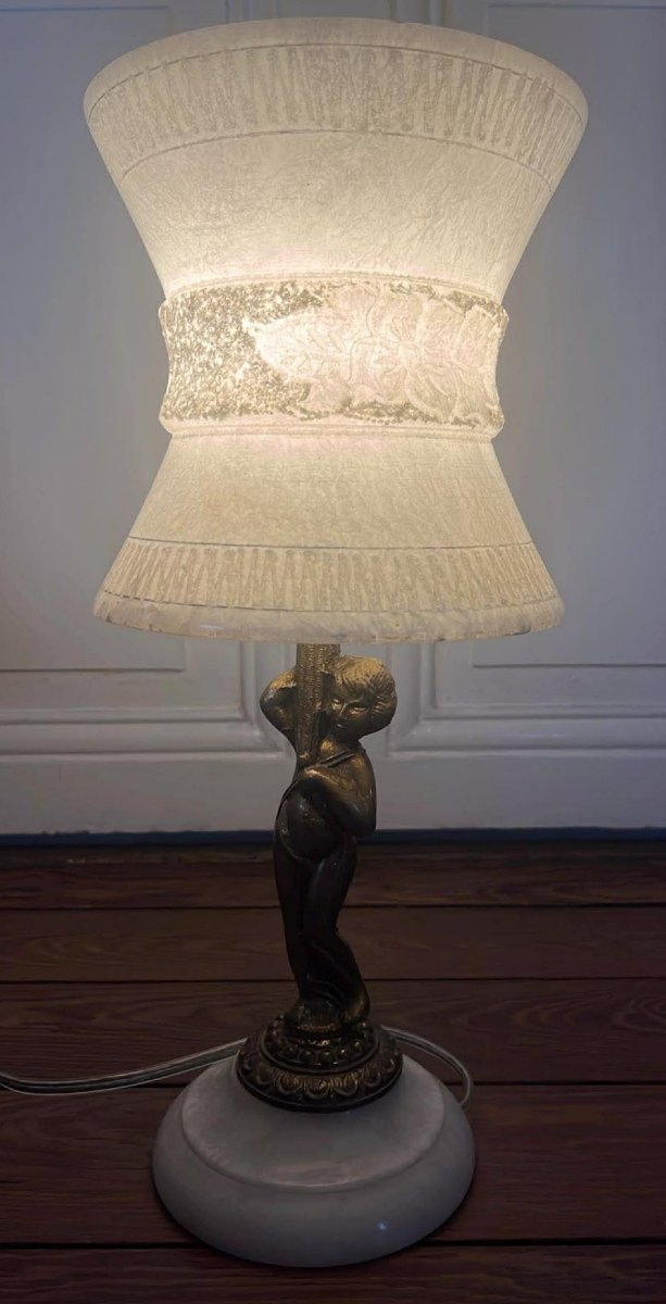 Lampe de table ancienne en régule et albâtre – style Art déco -photo-2