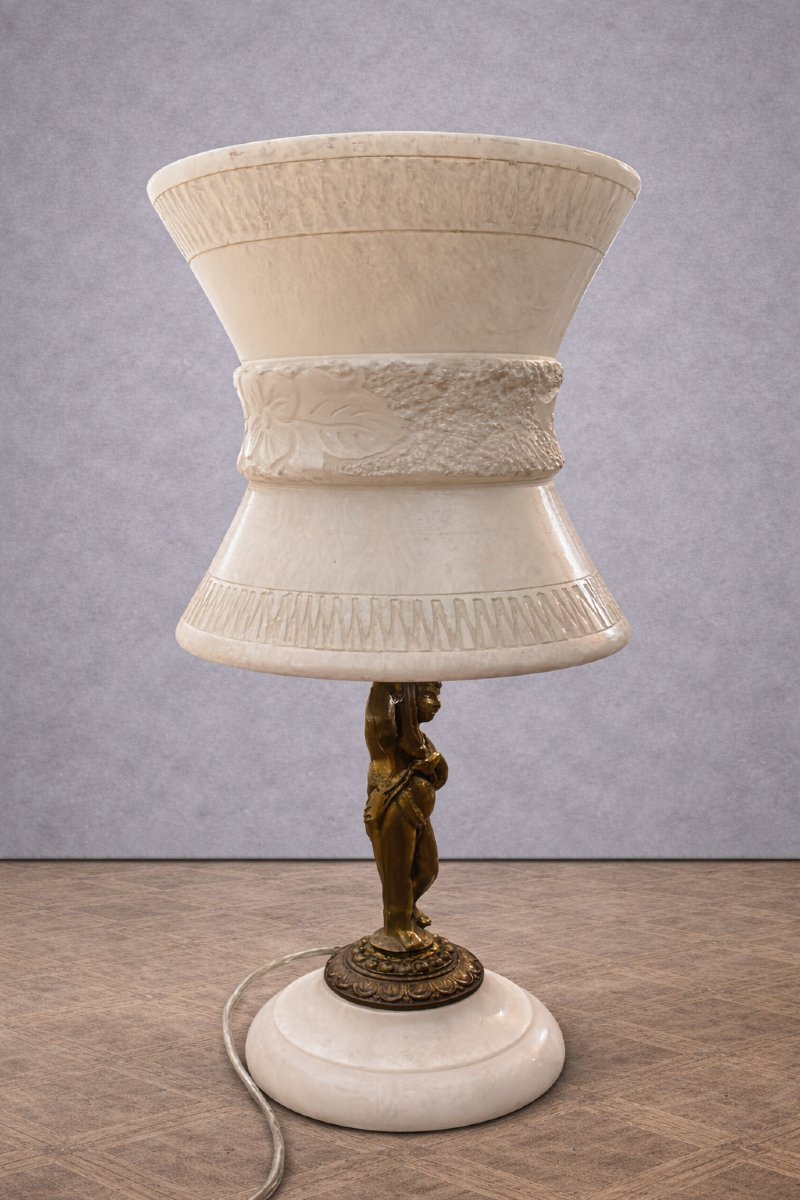 Lampe de table ancienne en régule et albâtre – style Art déco -photo-6