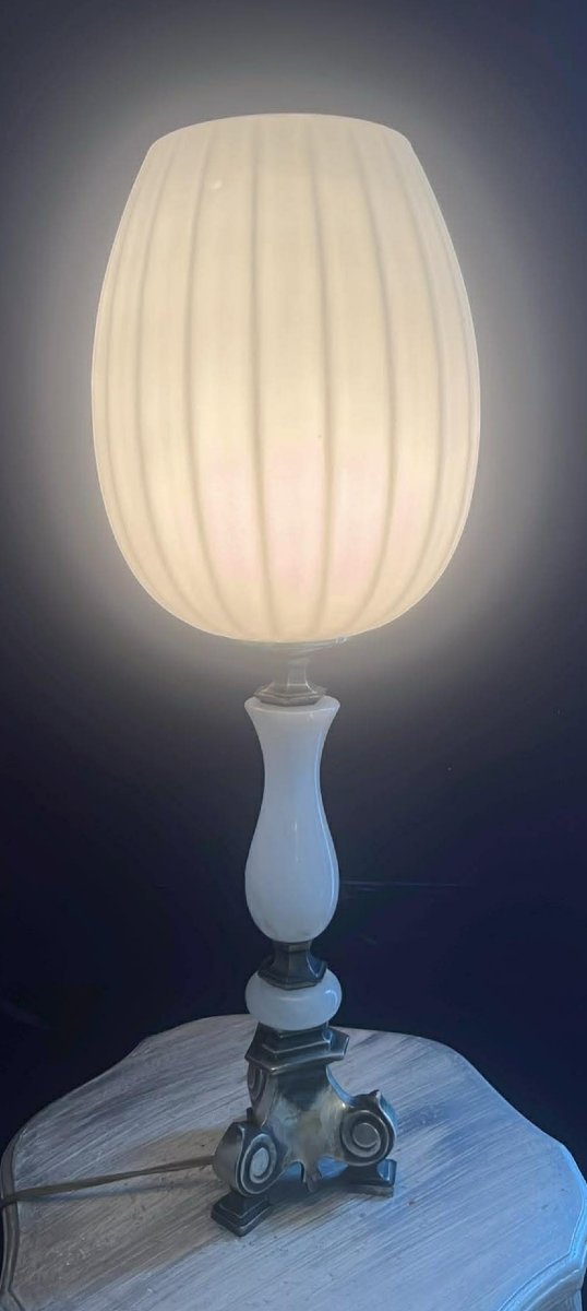 Antique Lamp In Opaline Glass And Metal – Art Deco Style-photo-2