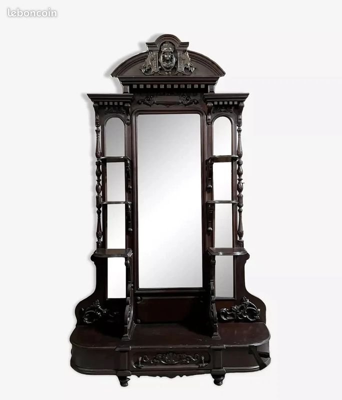 Large Antique Cheval Mirror In Carved Blackened Wood – Renaissance Style / 19th Century -photo-2