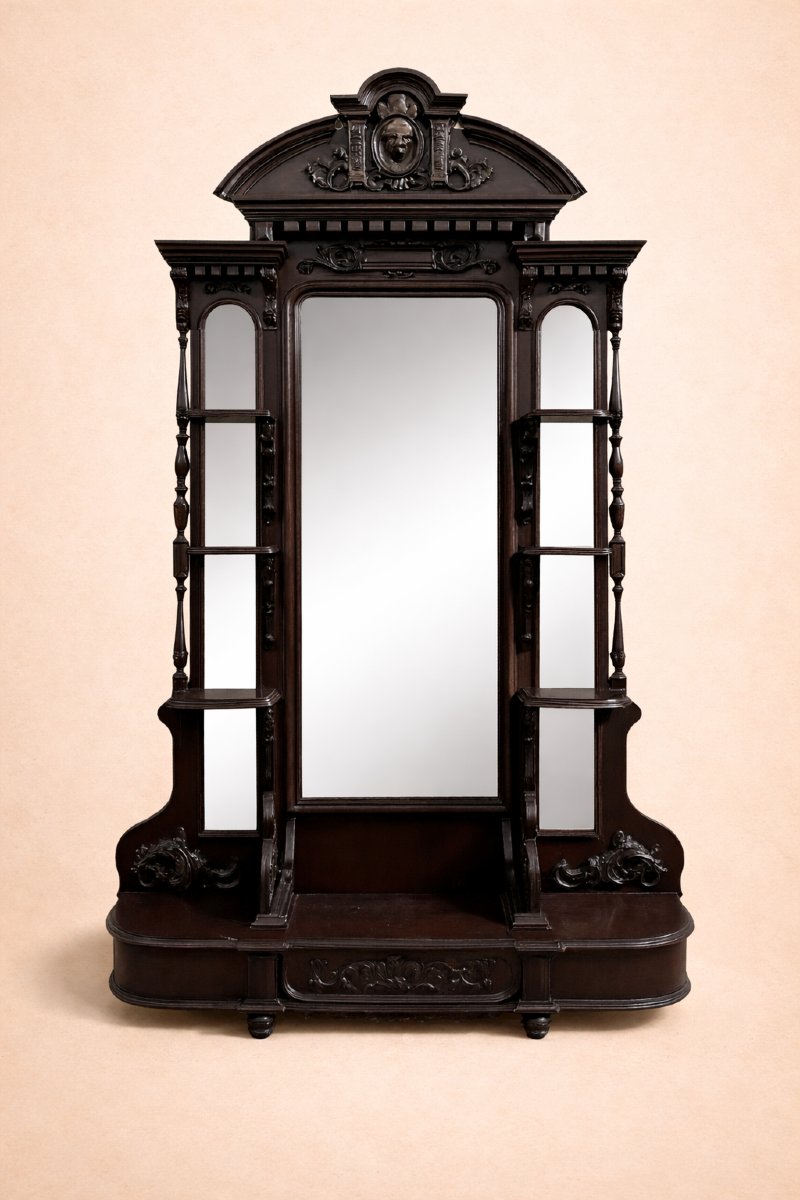 Large Antique Cheval Mirror In Carved Blackened Wood – Renaissance Style / 19th Century -photo-3