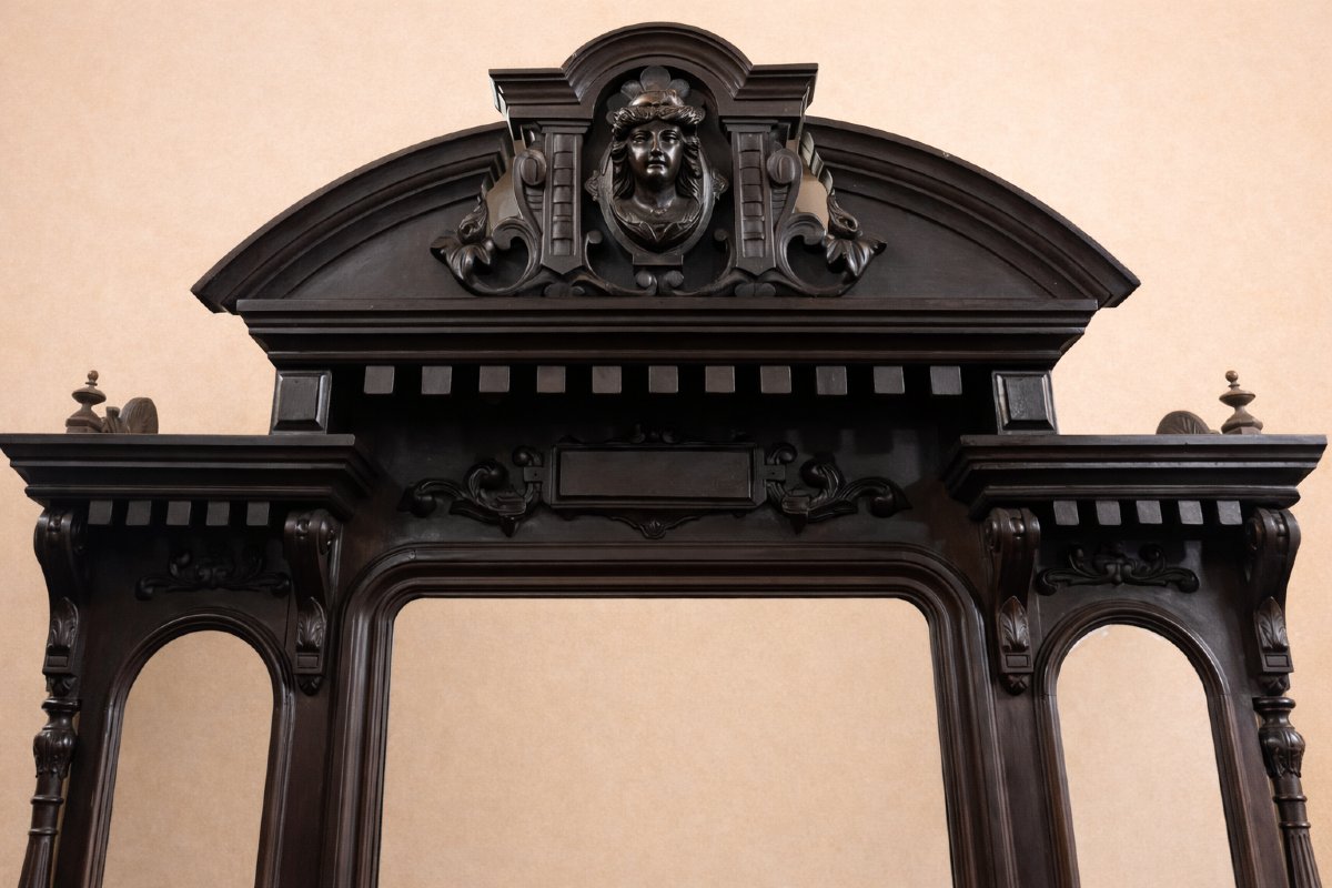 Large Antique Cheval Mirror In Carved Blackened Wood – Renaissance Style / 19th Century -photo-4