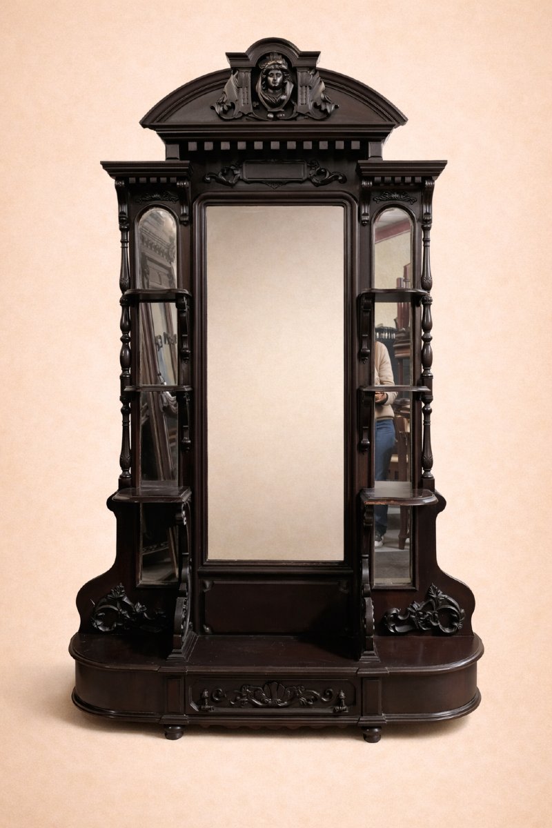Large Antique Cheval Mirror In Carved Blackened Wood – Renaissance Style / 19th Century -photo-5