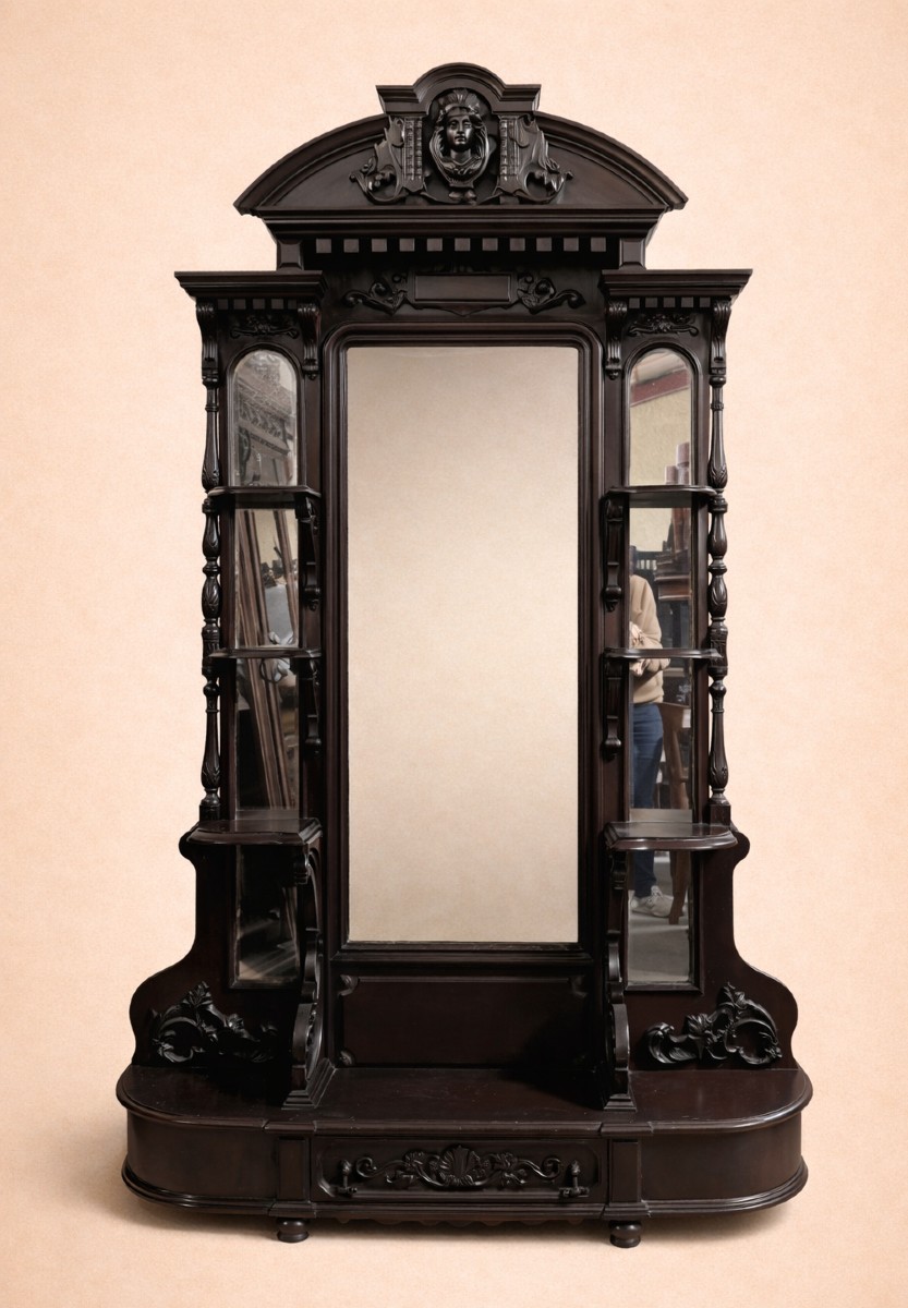 Large Antique Cheval Mirror In Carved Blackened Wood – Renaissance Style / 19th Century 