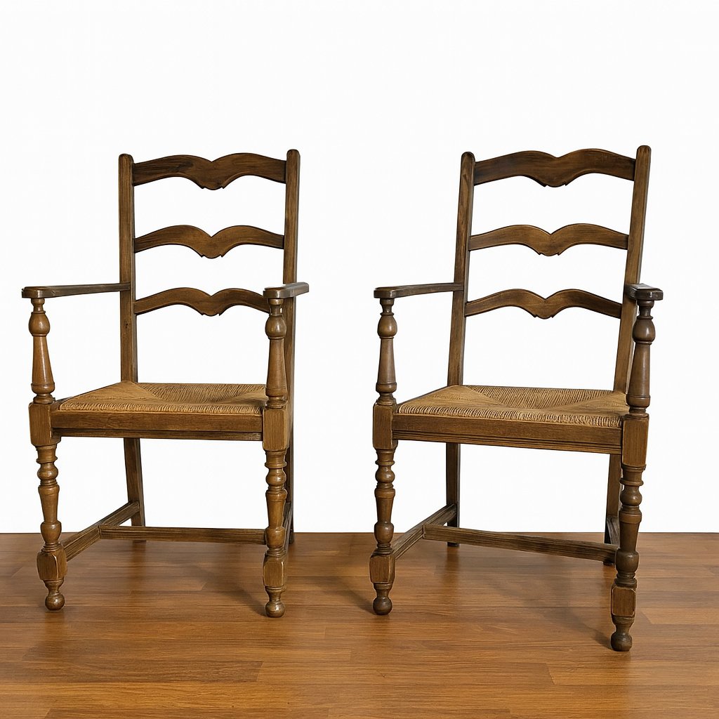 Pair Of Antique Rustic Armchairs In Wood And Woven Straw  -photo-1