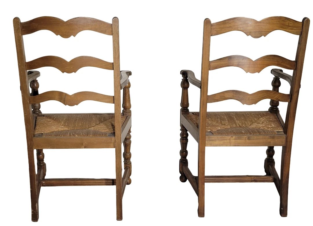 Pair Of Antique Rustic Armchairs In Wood And Woven Straw  -photo-2