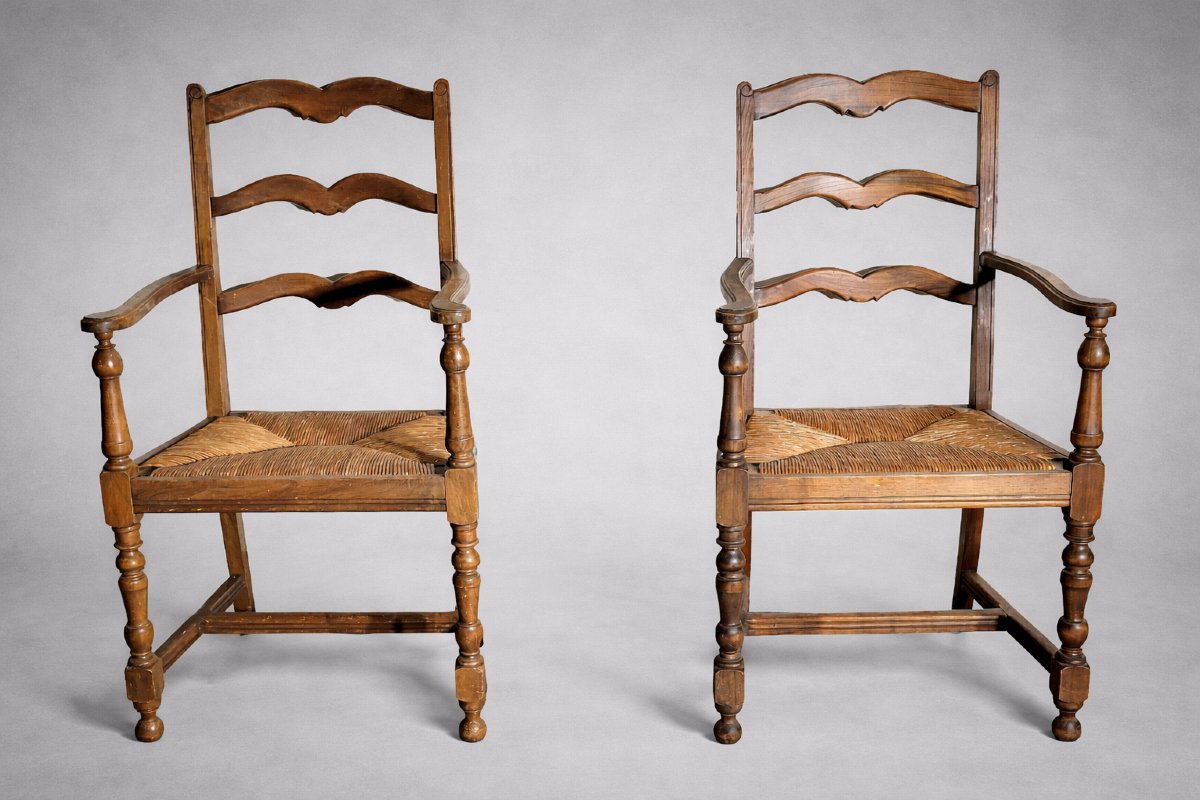 Pair Of Antique Rustic Armchairs In Wood And Woven Straw  -photo-3