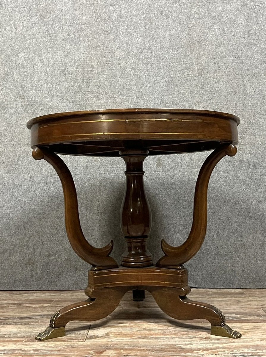 Table ronde Empire – acajou avec incrustations et pieds griffes -photo-1