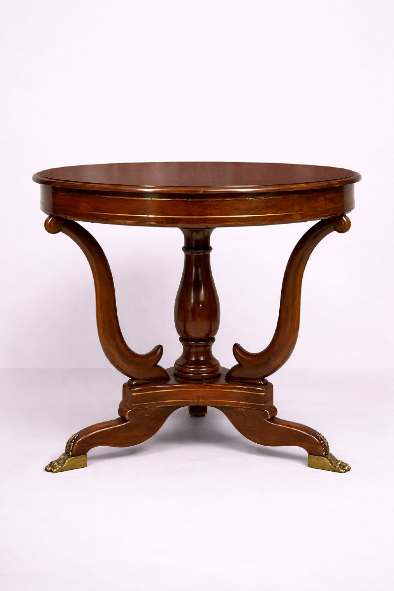 Table ronde Empire – acajou avec incrustations et pieds griffes -photo-2